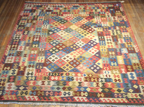 Flat Weave Natural Dye / Hand Spun Wool Kalim Rug 9′.10″ x 8′.5″