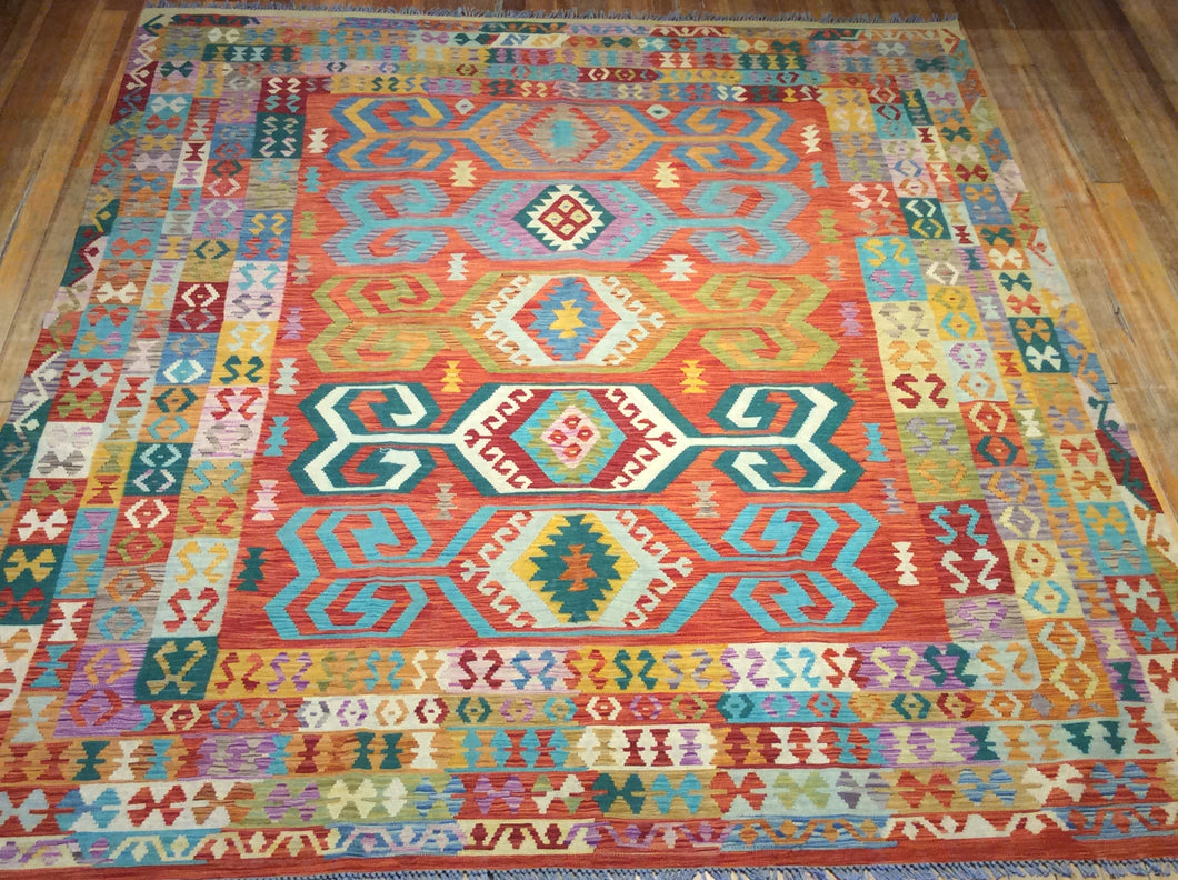 Flat Weave Natural Dye / Hand Spun Wool Kalim Rug 10′ x 8′.5″
